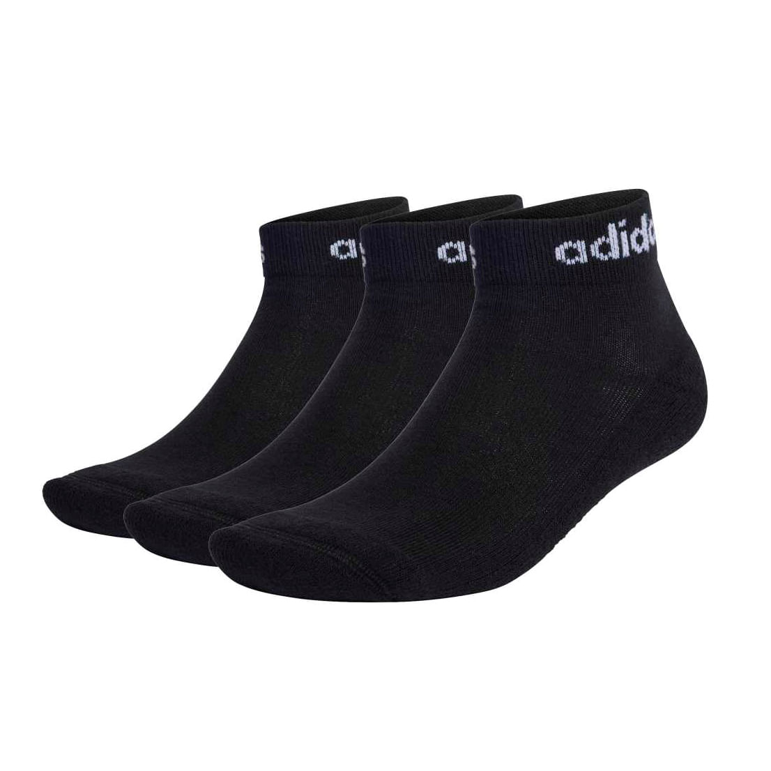 Kit com três meias cano médio Adidas IC1305 na cor preta, com logo branco na parte superior e acabamento canelado